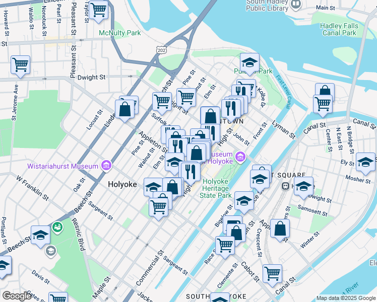 map of restaurants, bars, coffee shops, grocery stores, and more near 99 Suffolk Street in Holyoke