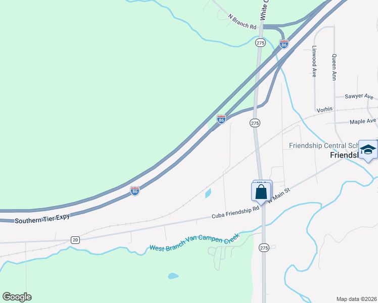 map of restaurants, bars, coffee shops, grocery stores, and more near Southern Tier Expressway in Friendship
