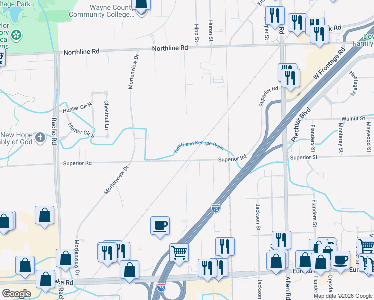 map of restaurants, bars, coffee shops, grocery stores, and more near 20710 Superior Road in Taylor