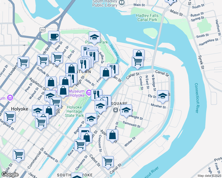 map of restaurants, bars, coffee shops, grocery stores, and more near 4 Open Square Way in Holyoke