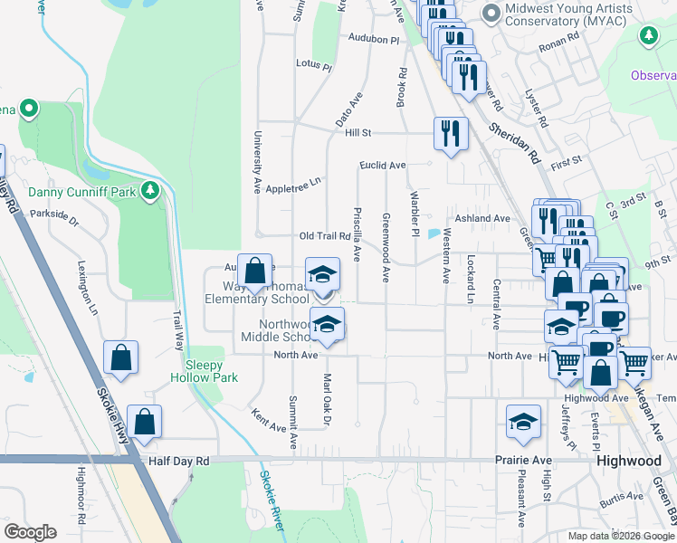 map of restaurants, bars, coffee shops, grocery stores, and more near 840 Auburn Court in Highland Park