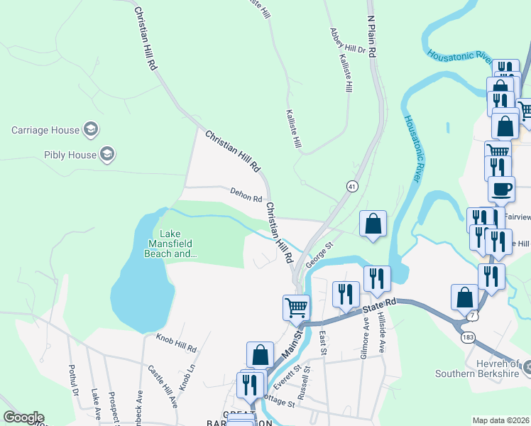 map of restaurants, bars, coffee shops, grocery stores, and more near 2 Dehon Rd in Great Barrington