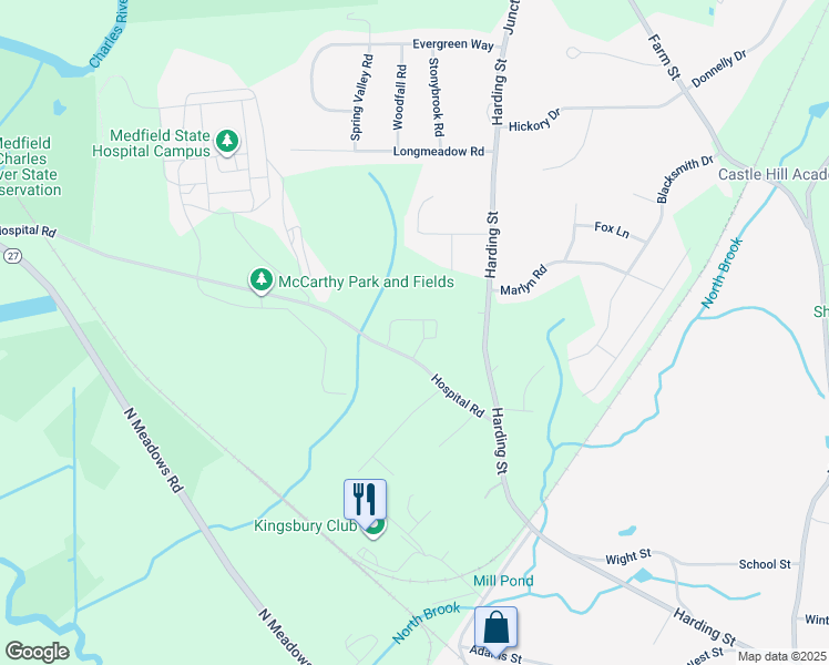 map of restaurants, bars, coffee shops, grocery stores, and more near 42 Sunset Way in Medfield