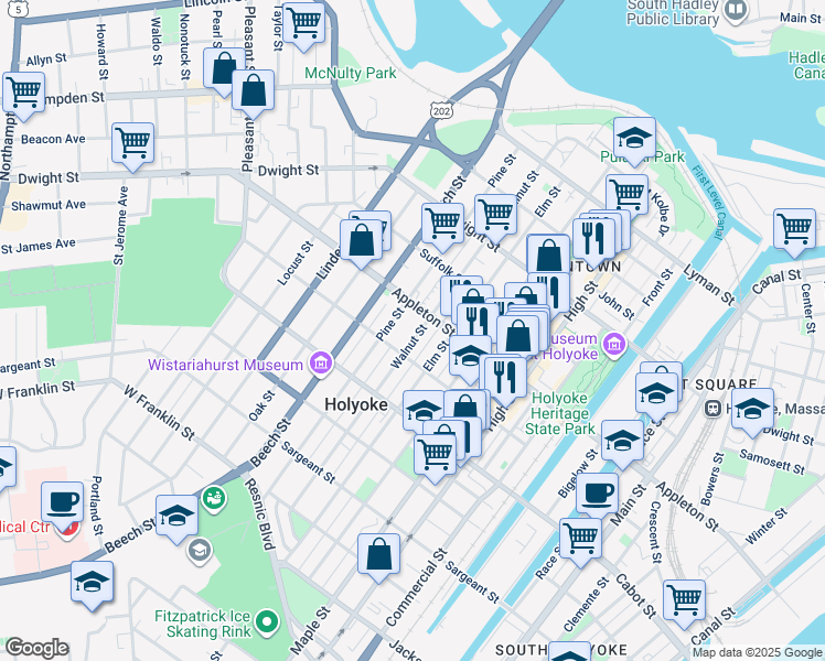 map of restaurants, bars, coffee shops, grocery stores, and more near 177 Walnut Street in Holyoke