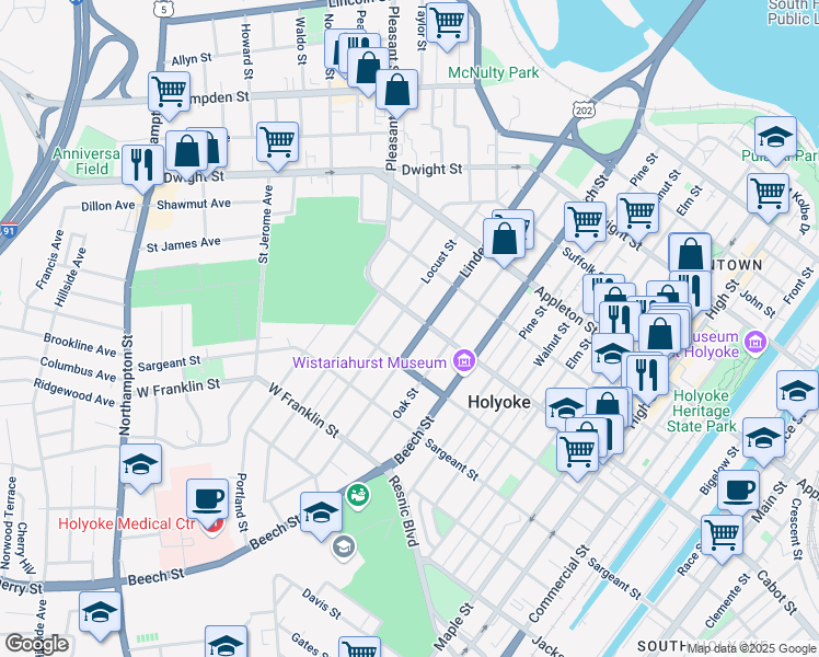 map of restaurants, bars, coffee shops, grocery stores, and more near 279 Cabot Street in Holyoke