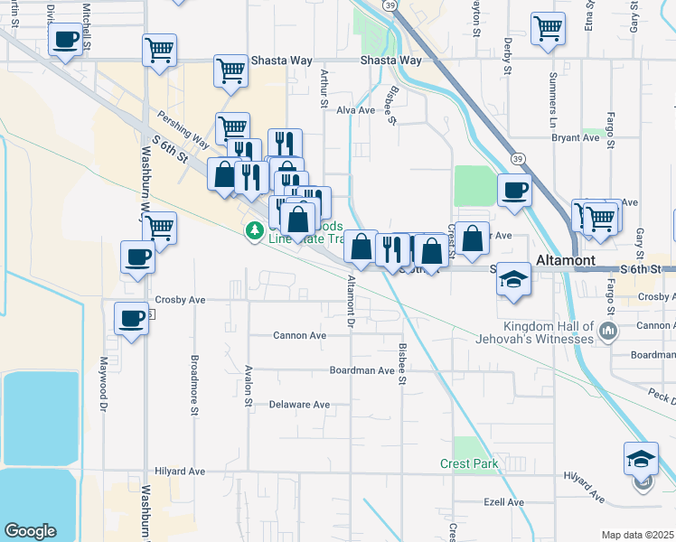 map of restaurants, bars, coffee shops, grocery stores, and more near 3531 South 6th Street in Klamath Falls