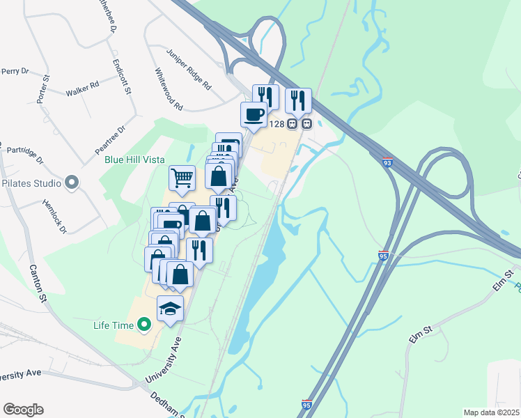 map of restaurants, bars, coffee shops, grocery stores, and more near 140 University Avenue in Westwood