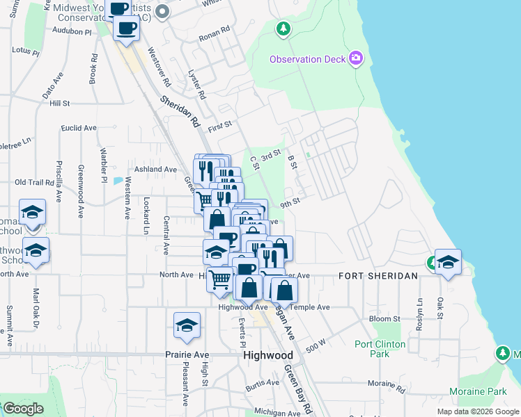 map of restaurants, bars, coffee shops, grocery stores, and more near 3155 C Street in Fort Sheridan