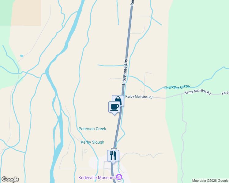 map of restaurants, bars, coffee shops, grocery stores, and more near 23710 Redwood Highway in Kerby