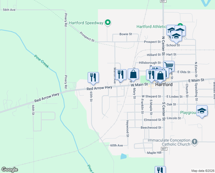 map of restaurants, bars, coffee shops, grocery stores, and more near 517 Red Arrow Highway in Hartford