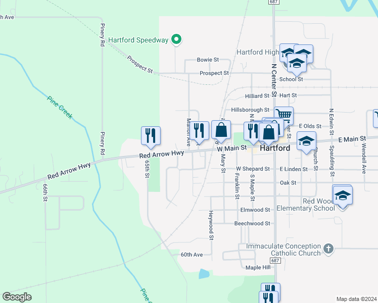 map of restaurants, bars, coffee shops, grocery stores, and more near 501 Red Arrow Highway in Hartford
