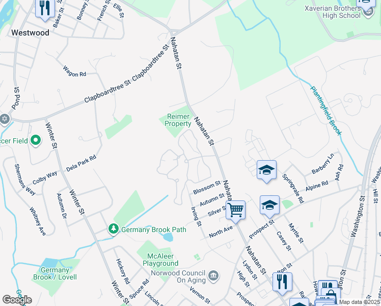 map of restaurants, bars, coffee shops, grocery stores, and more near 619 Norwest Drive in Norwood