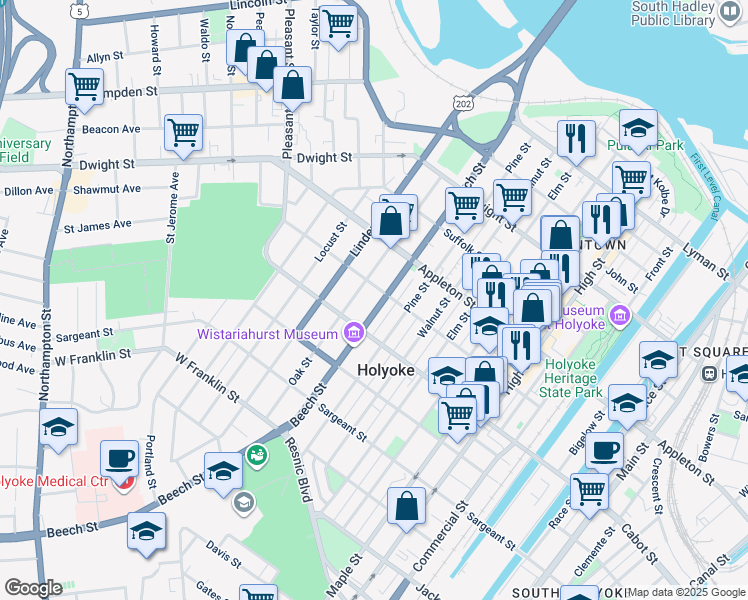 map of restaurants, bars, coffee shops, grocery stores, and more near 209 Beech Street in Holyoke