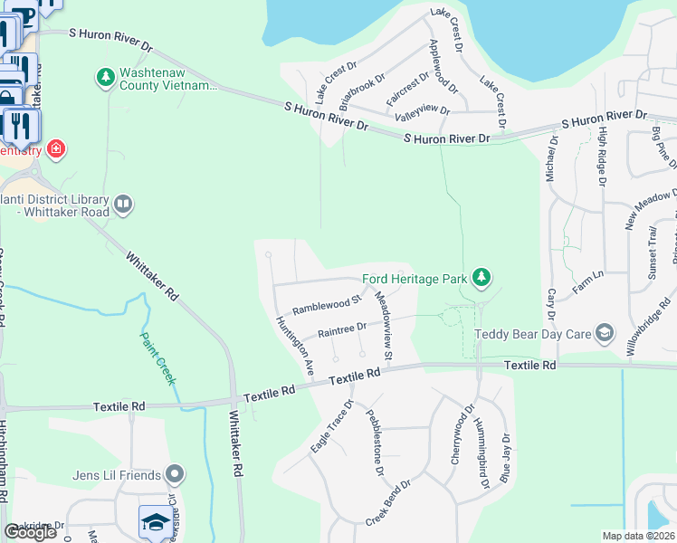 map of restaurants, bars, coffee shops, grocery stores, and more near 5763 Meadowview Street in Ypsilanti