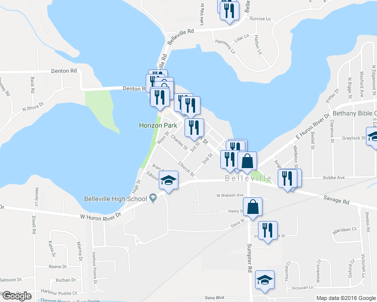 map of restaurants, bars, coffee shops, grocery stores, and more near 287 Charles Street in Belleville