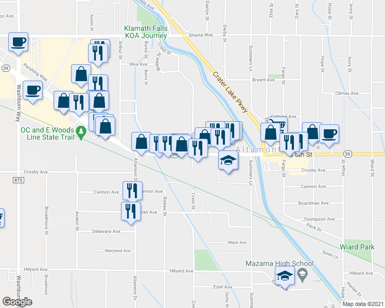 map of restaurants, bars, coffee shops, grocery stores, and more near 3745 South 6th Street in Klamath Falls