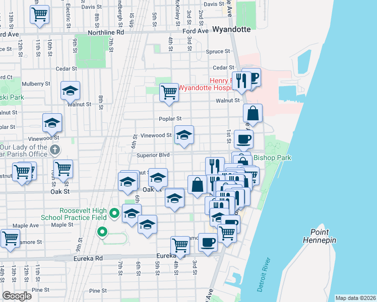 map of restaurants, bars, coffee shops, grocery stores, and more near 340 Superior Boulevard in Wyandotte