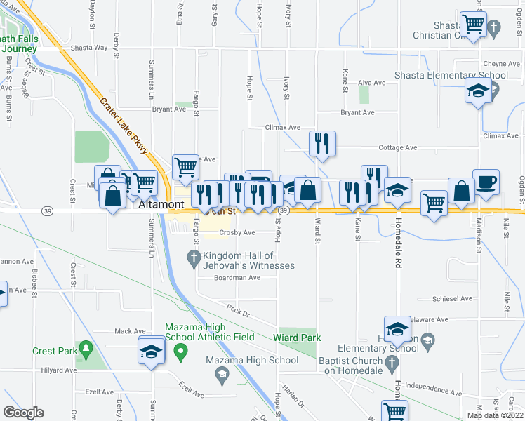 map of restaurants, bars, coffee shops, grocery stores, and more near Klamath Falls-Malin Hwy & Hope St in Altamont