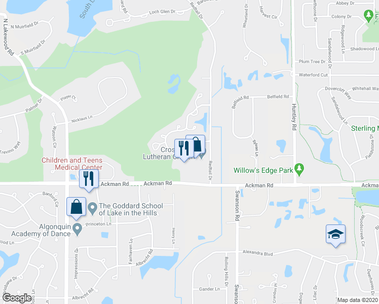 map of restaurants, bars, coffee shops, grocery stores, and more near 9045 Falcon Greens Drive in Crystal Lake
