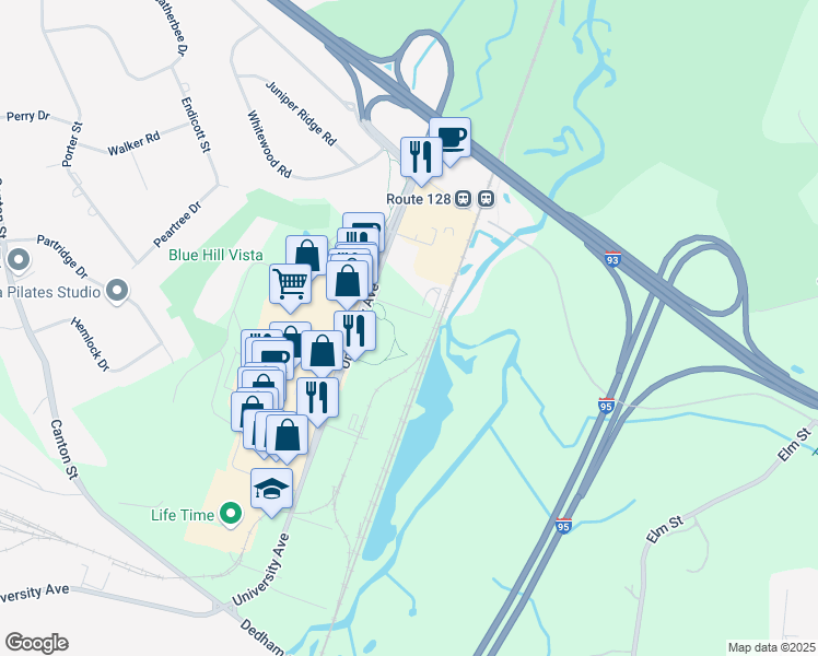 map of restaurants, bars, coffee shops, grocery stores, and more near 130 Bridges Drive in Westwood