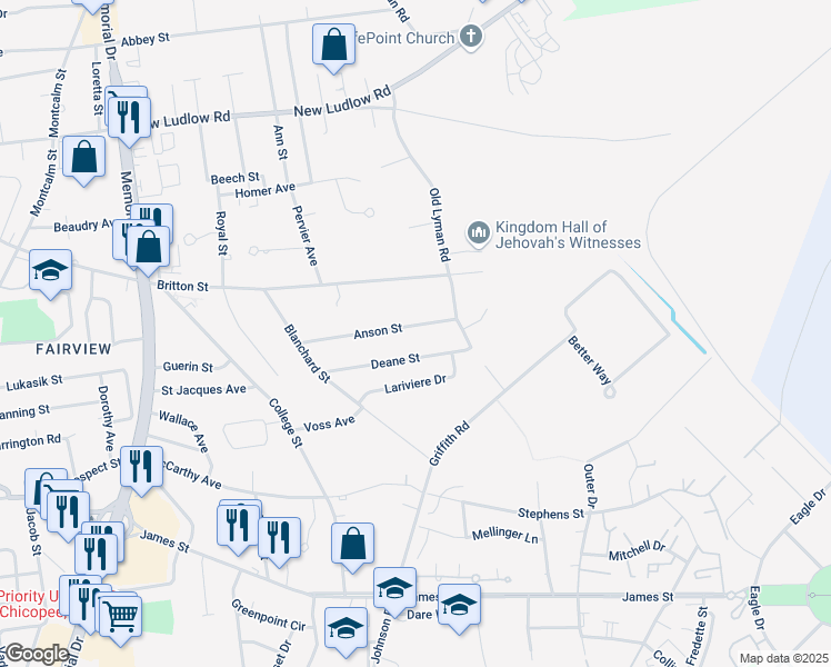 map of restaurants, bars, coffee shops, grocery stores, and more near 120 Anson Street in Chicopee