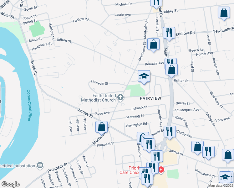 map of restaurants, bars, coffee shops, grocery stores, and more near 35 Langevin Street in Chicopee