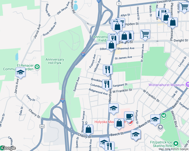 map of restaurants, bars, coffee shops, grocery stores, and more near 47-49 Belvidere Avenue in Holyoke