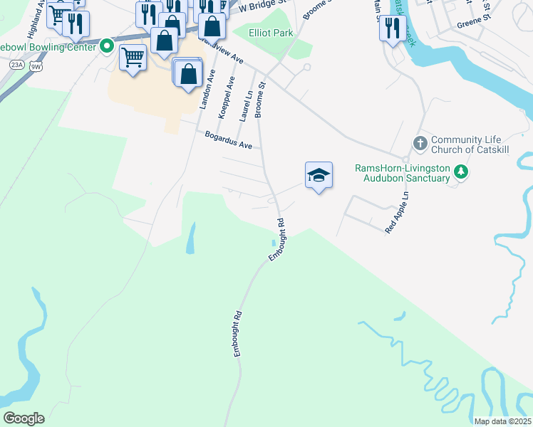 map of restaurants, bars, coffee shops, grocery stores, and more near 280 Broome Street in Catskill
