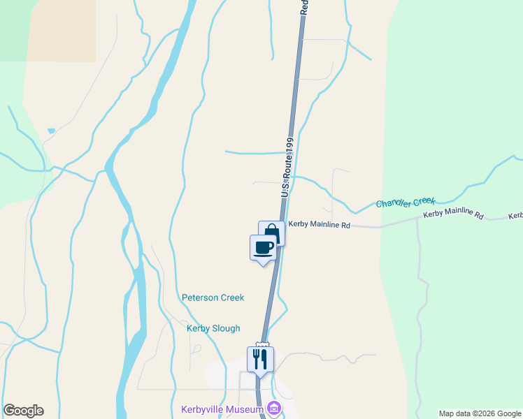 map of restaurants, bars, coffee shops, grocery stores, and more near 23710 Redwood Highway in Kerby