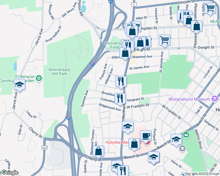 map of restaurants, bars, coffee shops, grocery stores, and more near 42 Belvidere Avenue in Holyoke