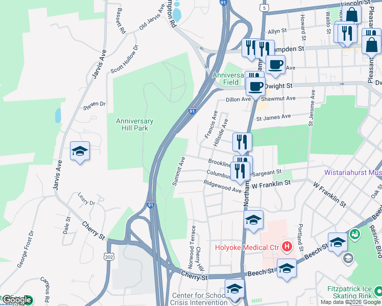 map of restaurants, bars, coffee shops, grocery stores, and more near 97 Brookline Avenue in Holyoke