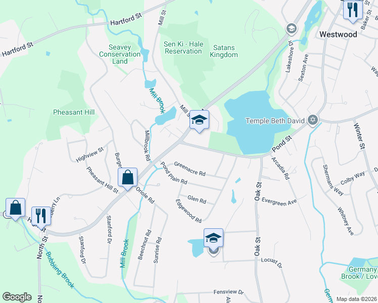 map of restaurants, bars, coffee shops, grocery stores, and more near 550 Pond Street in Westwood