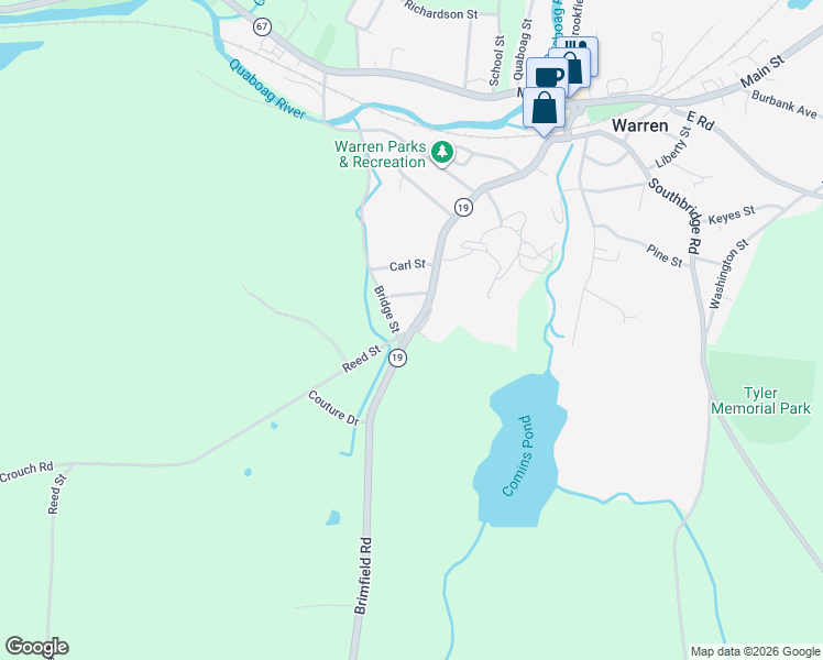 map of restaurants, bars, coffee shops, grocery stores, and more near 7 Ramsdell Street in West Brookfield
