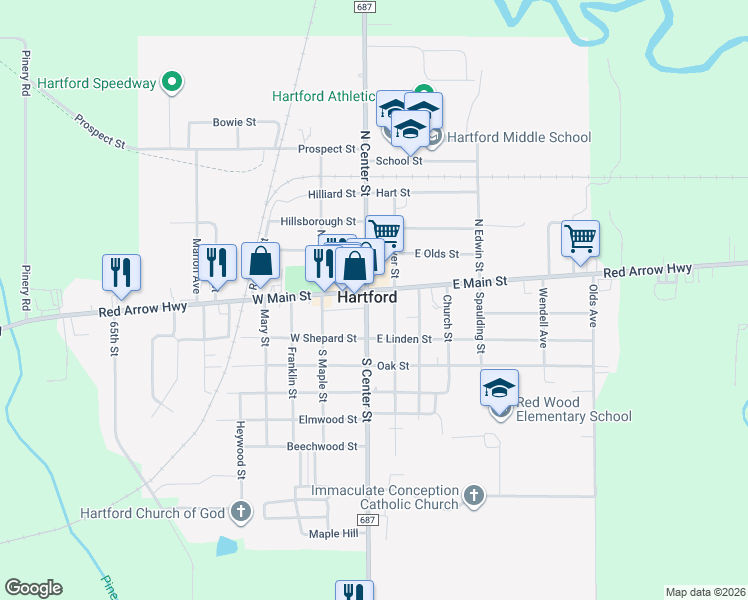 map of restaurants, bars, coffee shops, grocery stores, and more near 2 East Main Street in Hartford