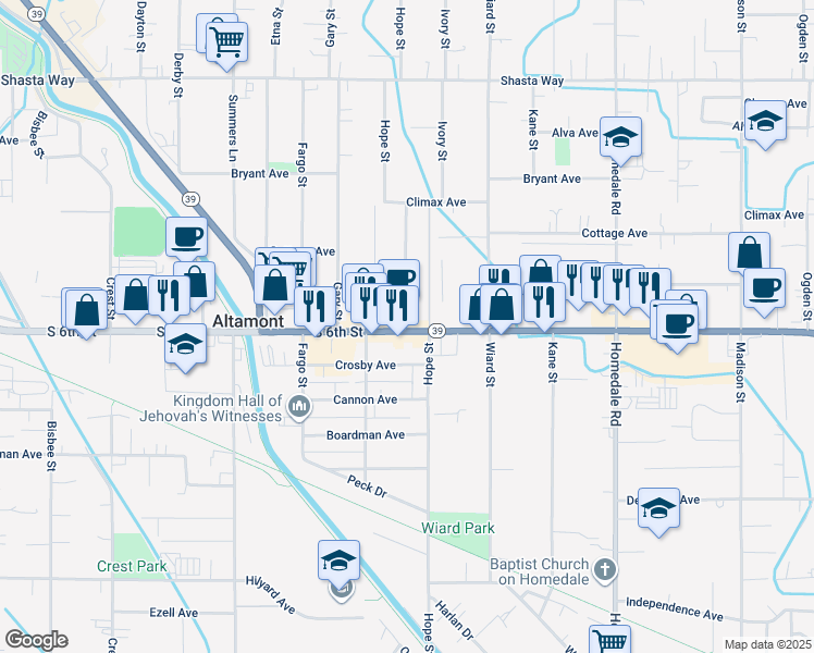 map of restaurants, bars, coffee shops, grocery stores, and more near 4705 South 6th Street in Klamath Falls