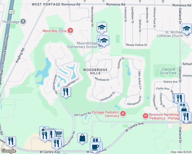 map of restaurants, bars, coffee shops, grocery stores, and more near 7639 Muirfield Drive in Portage