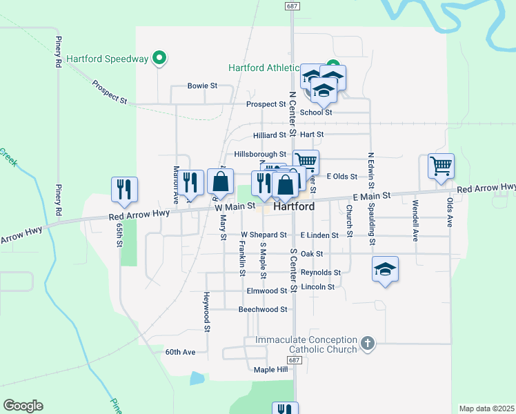 map of restaurants, bars, coffee shops, grocery stores, and more near 106 West Main Street in Hartford
