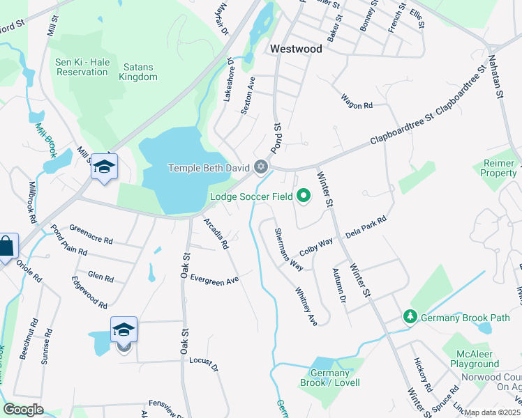 map of restaurants, bars, coffee shops, grocery stores, and more near 32 Shermans Way in Westwood