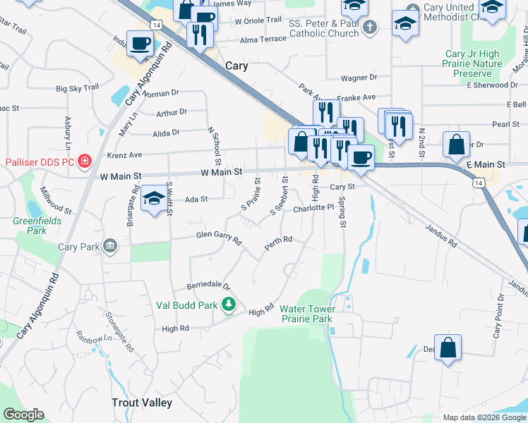 map of restaurants, bars, coffee shops, grocery stores, and more near 49 South Prairie Street in Cary