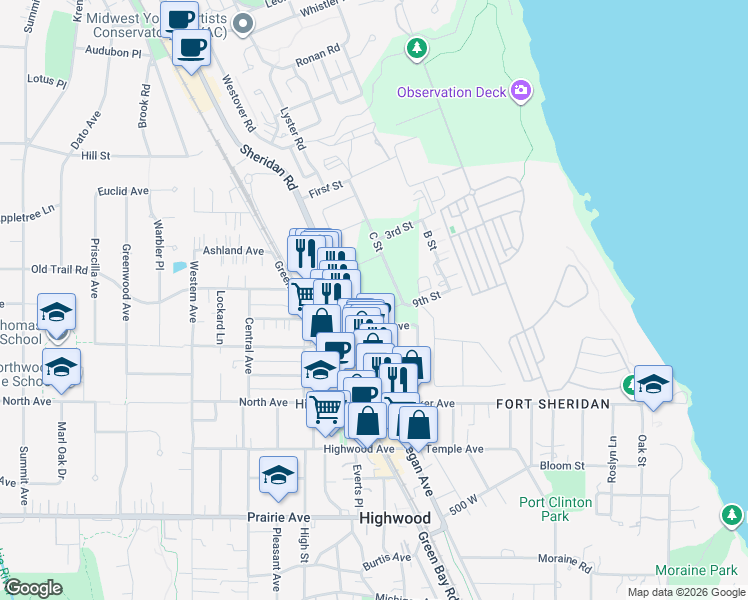 map of restaurants, bars, coffee shops, grocery stores, and more near 3155 C Street in Fort Sheridan