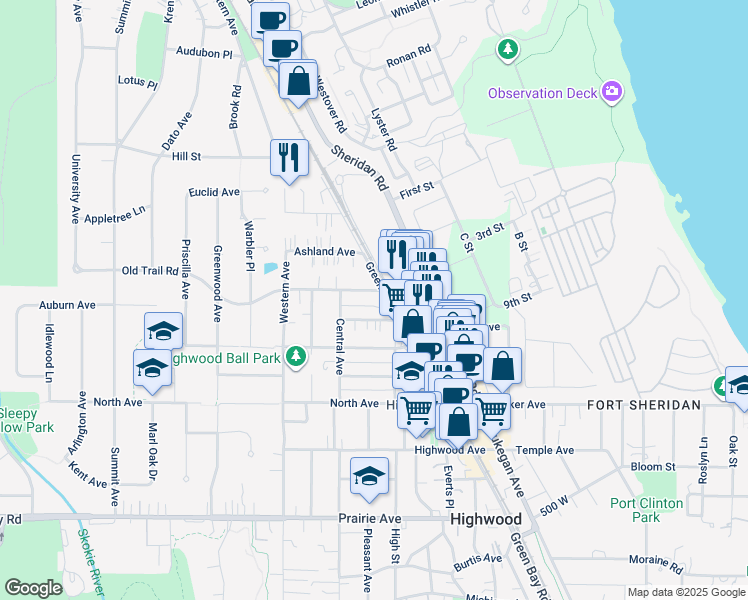 map of restaurants, bars, coffee shops, grocery stores, and more near 546 Green Bay Road in Highwood