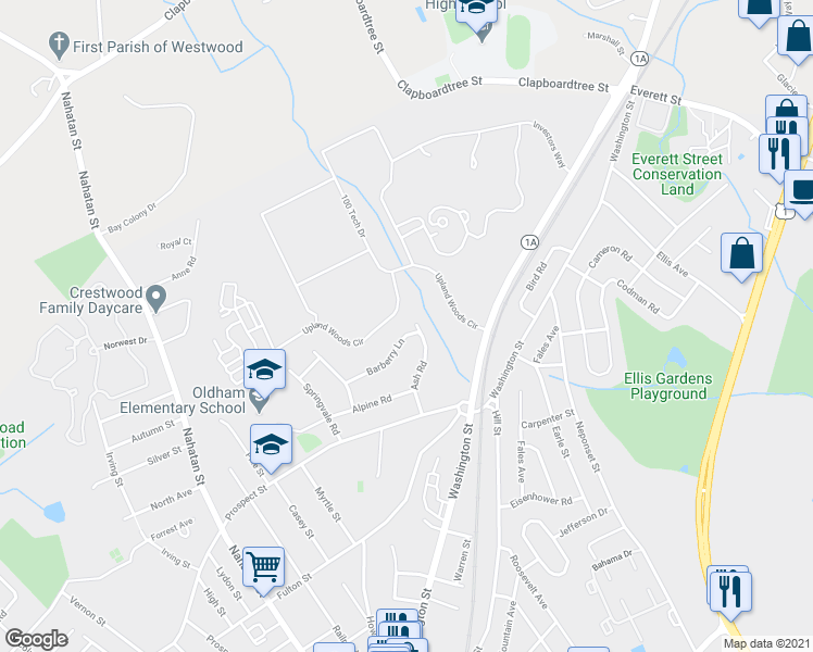 map of restaurants, bars, coffee shops, grocery stores, and more near 5 Barberry Lane in Norwood
