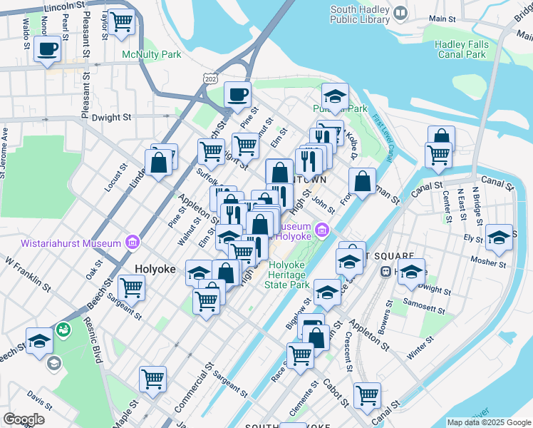 map of restaurants, bars, coffee shops, grocery stores, and more near in Holyoke