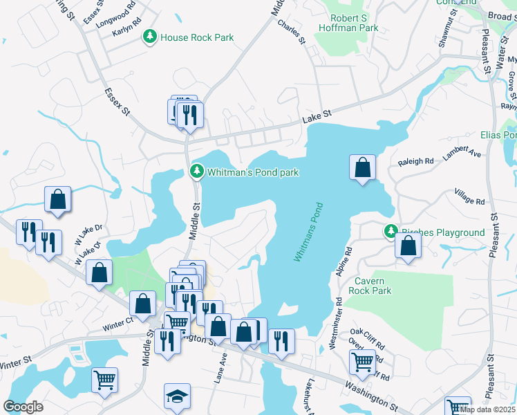 map of restaurants, bars, coffee shops, grocery stores, and more near 100 Lake Shore Drive in Weymouth