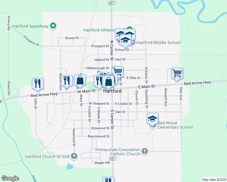 map of restaurants, bars, coffee shops, grocery stores, and more near 2 East Main Street in Hartford