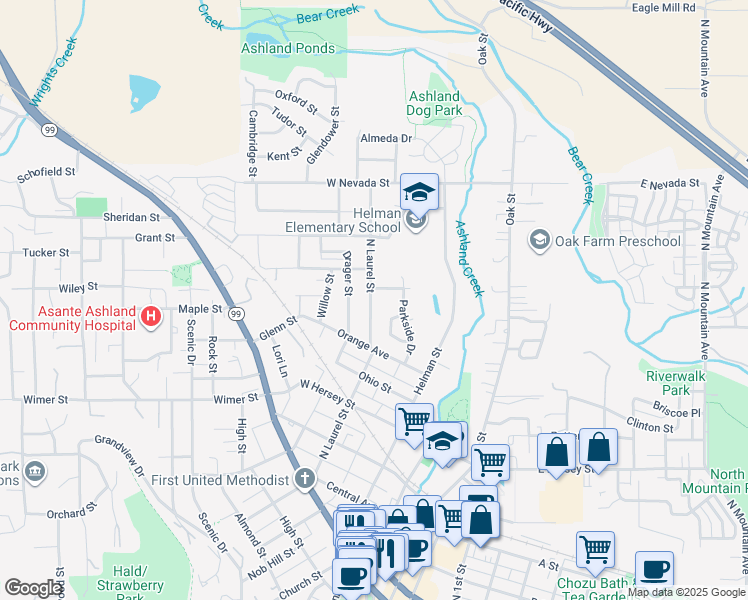 map of restaurants, bars, coffee shops, grocery stores, and more near 478 North Laurel Street in Ashland