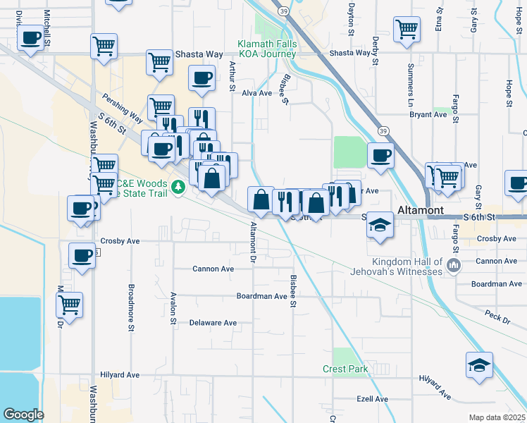 map of restaurants, bars, coffee shops, grocery stores, and more near 3531 South 6th Street in Klamath Falls
