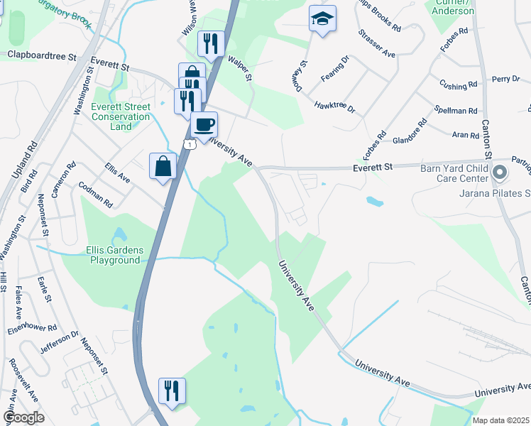 map of restaurants, bars, coffee shops, grocery stores, and more near 1030 University Avenue in Norwood
