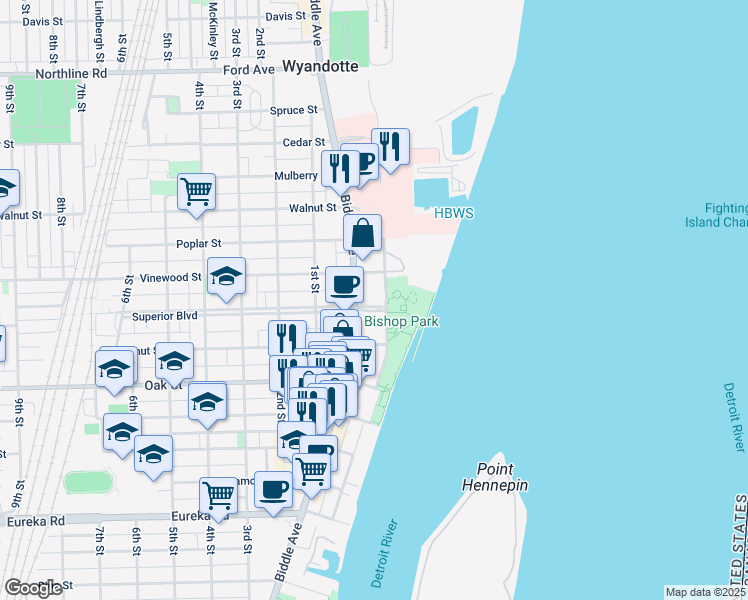 map of restaurants, bars, coffee shops, grocery stores, and more near 2651 Biddle Avenue in Wyandotte