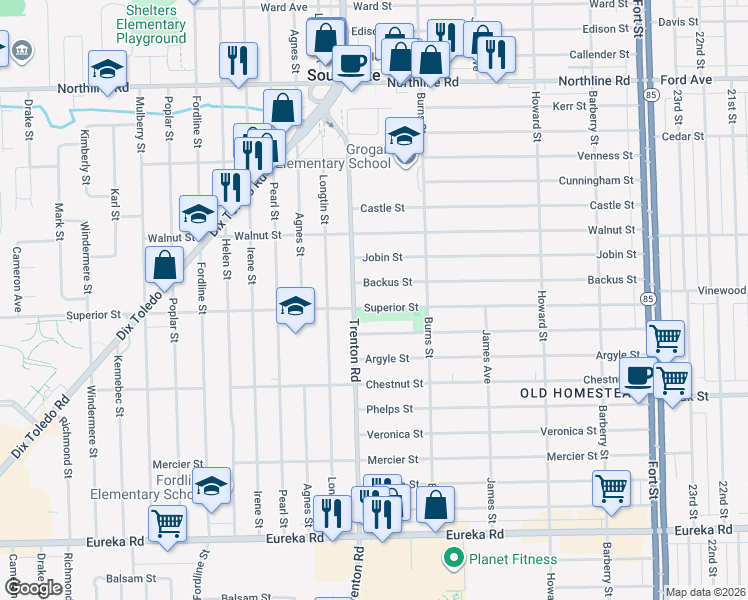 map of restaurants, bars, coffee shops, grocery stores, and more near 13827 Trenton Road in Southgate